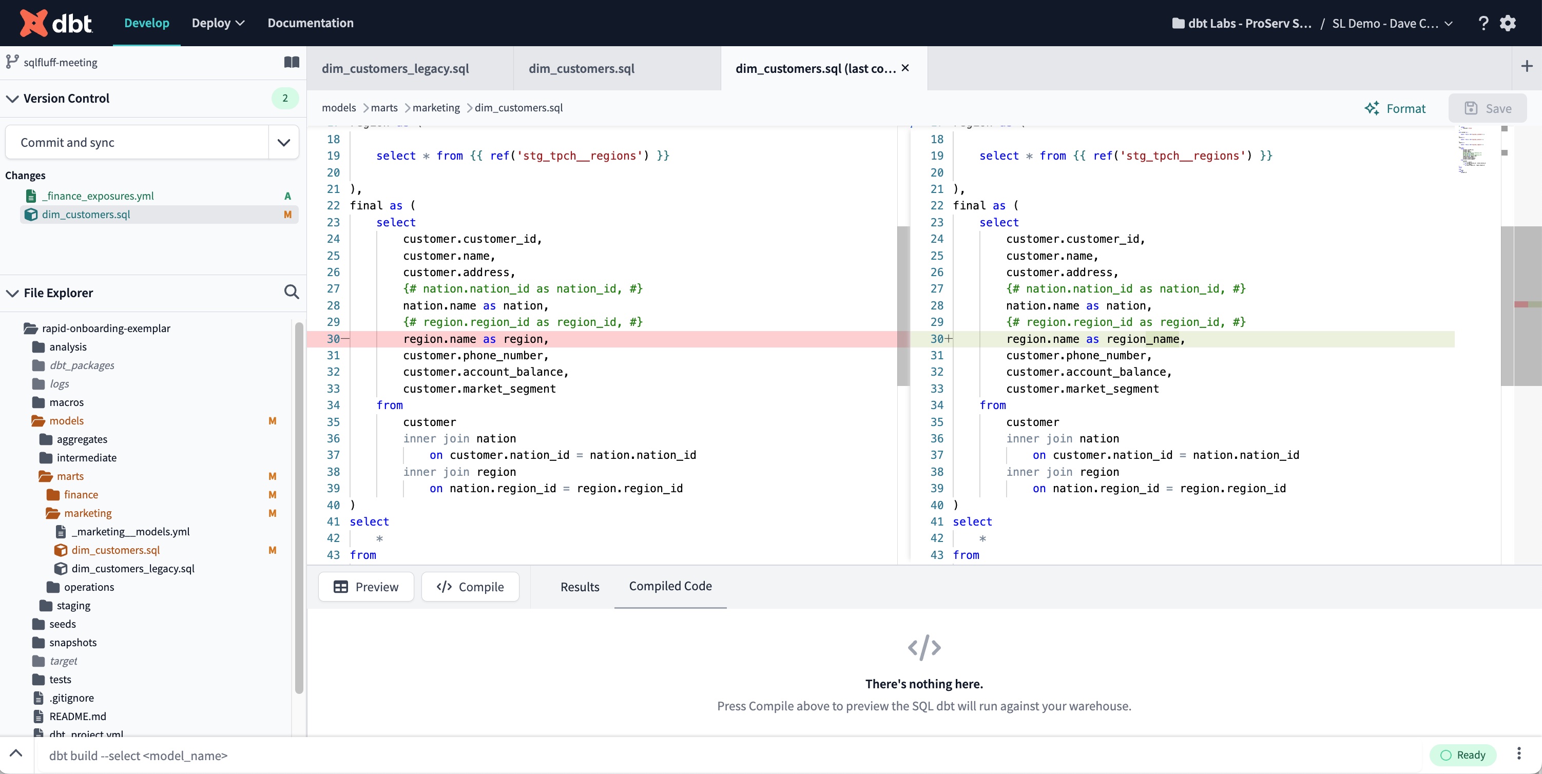 The Git Diff View displays the previous version on the left and the changes made on the right of the Editor